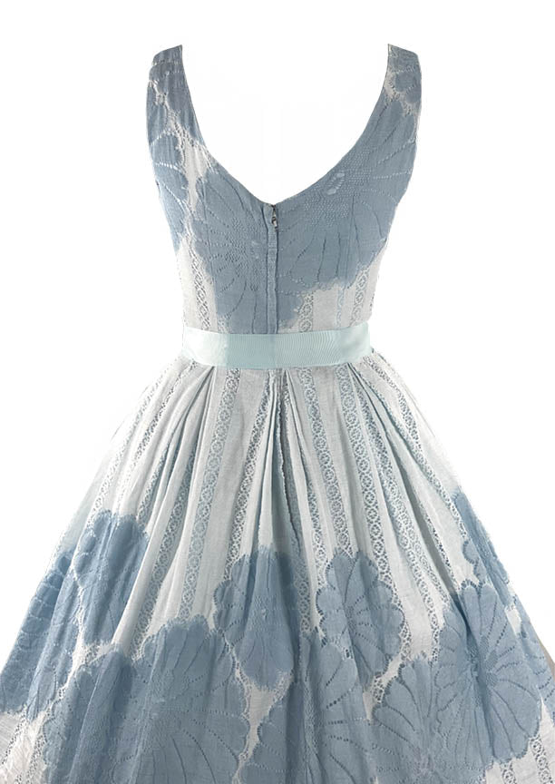 Vintage 1950s Muted Blue and White Cotton Dress- New!