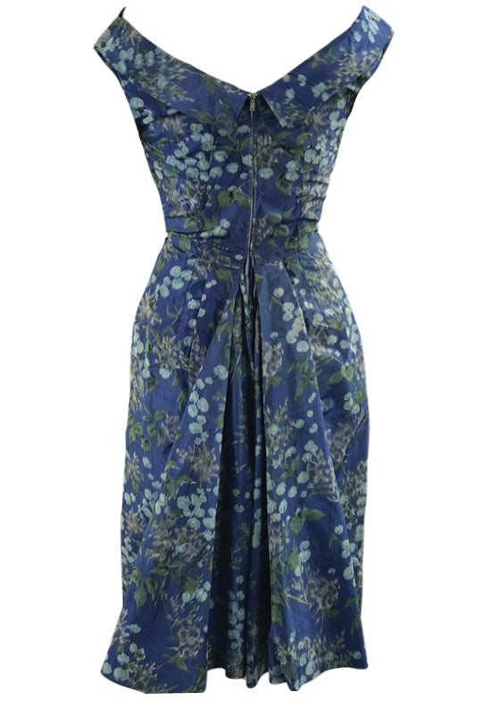Sensational 1950s Draped Blue Floral Silk Cocktail Dress - New!
