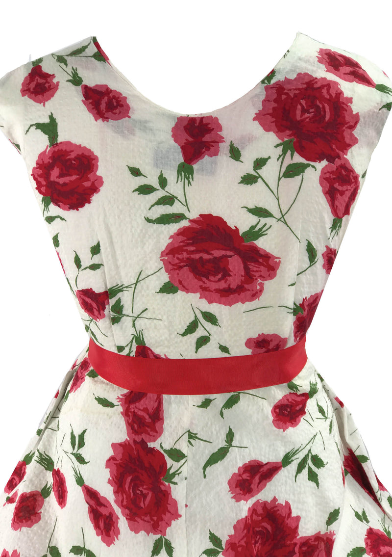 Gorgeous 1950s Magenta Roses Seersucker Cotton Sundress - New!