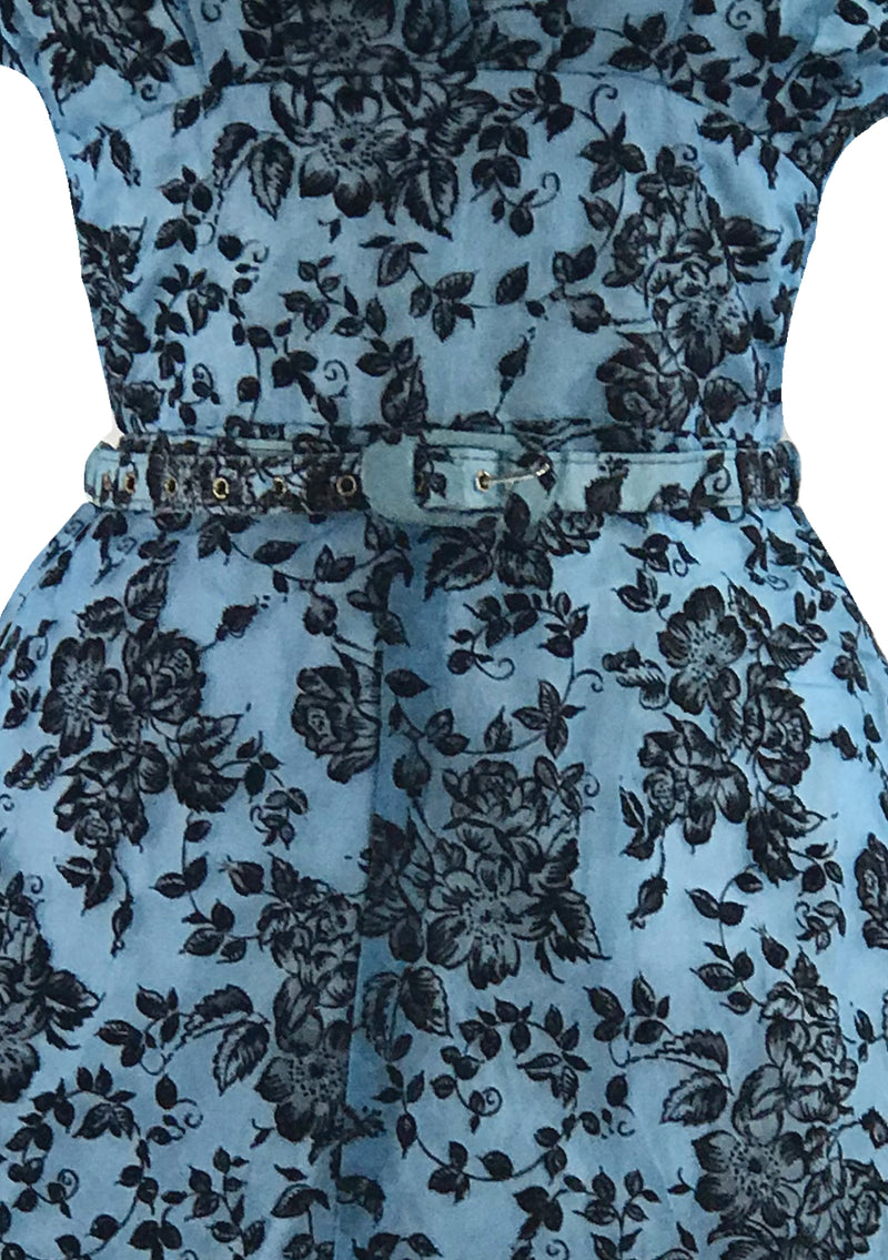 Vintage 1950s Blue Flocked Cocktail Dress- New!