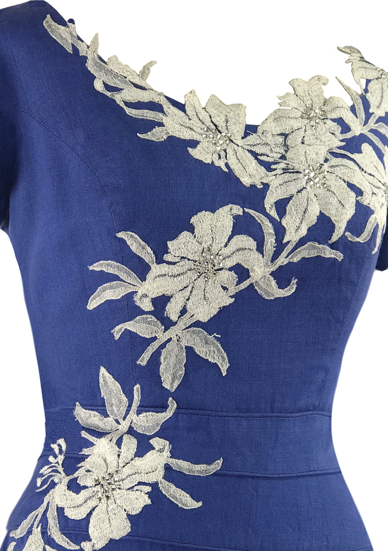 Vintage 1950s Designer Cobalt Blue Linen Dress- New!