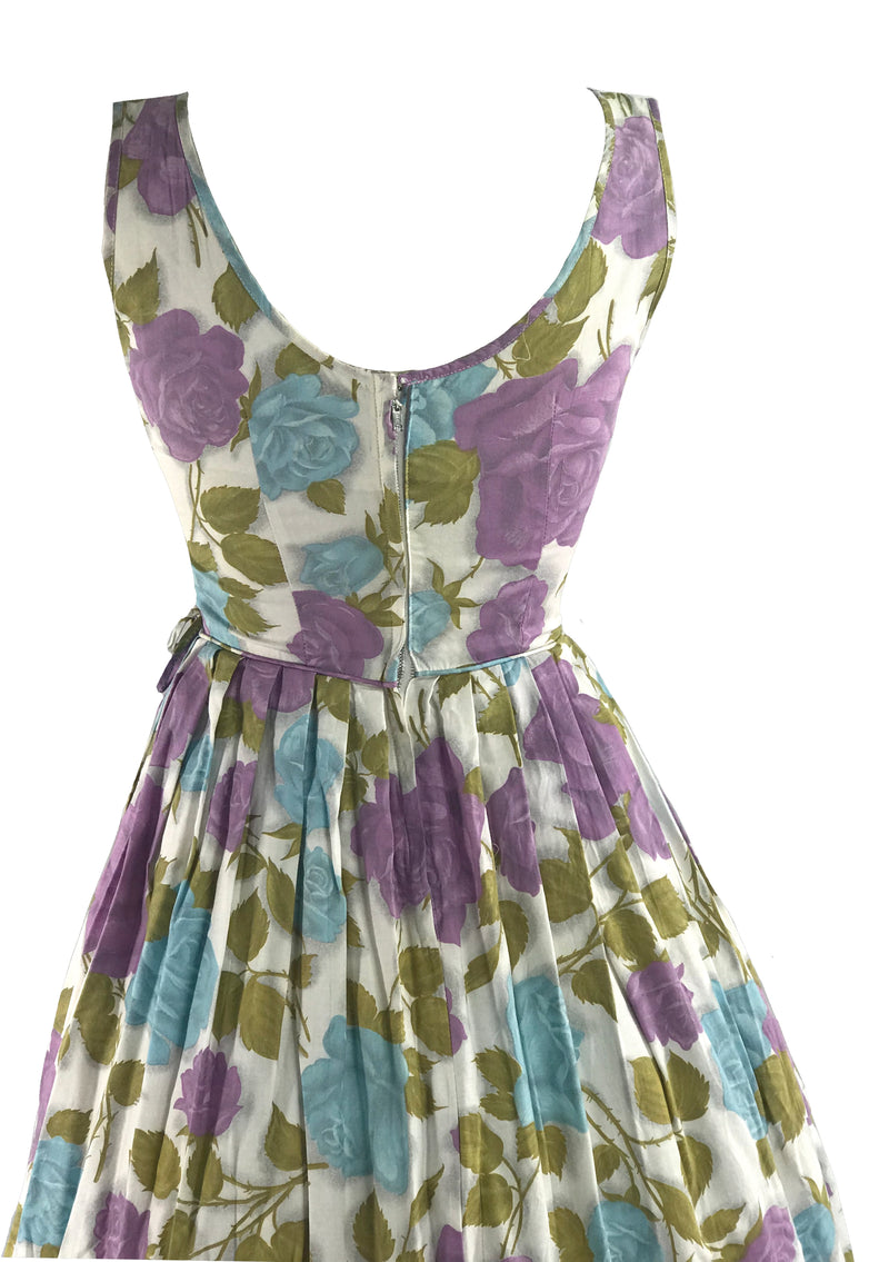 Late 1950s Early 1960s Lilac & Blue Rose Cotton Dress - New!