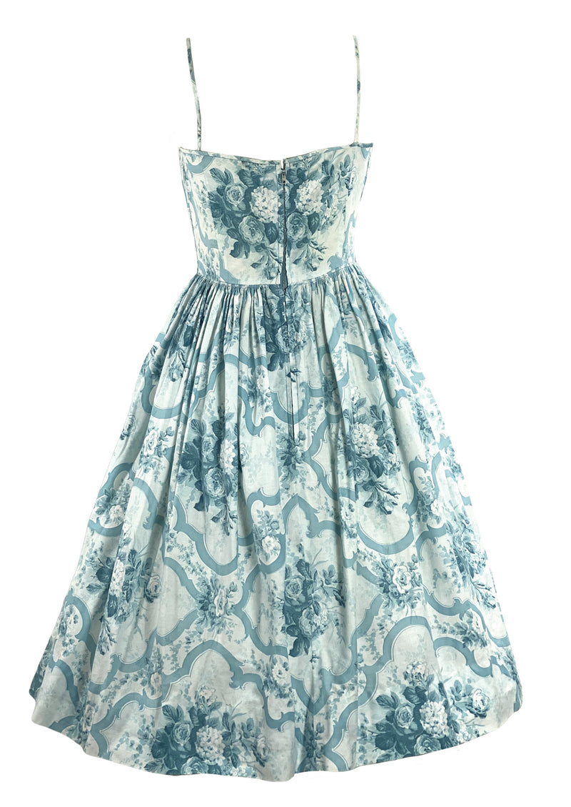 Vintage 1950s Blue Roses Scroll Cotton Sundress- New!