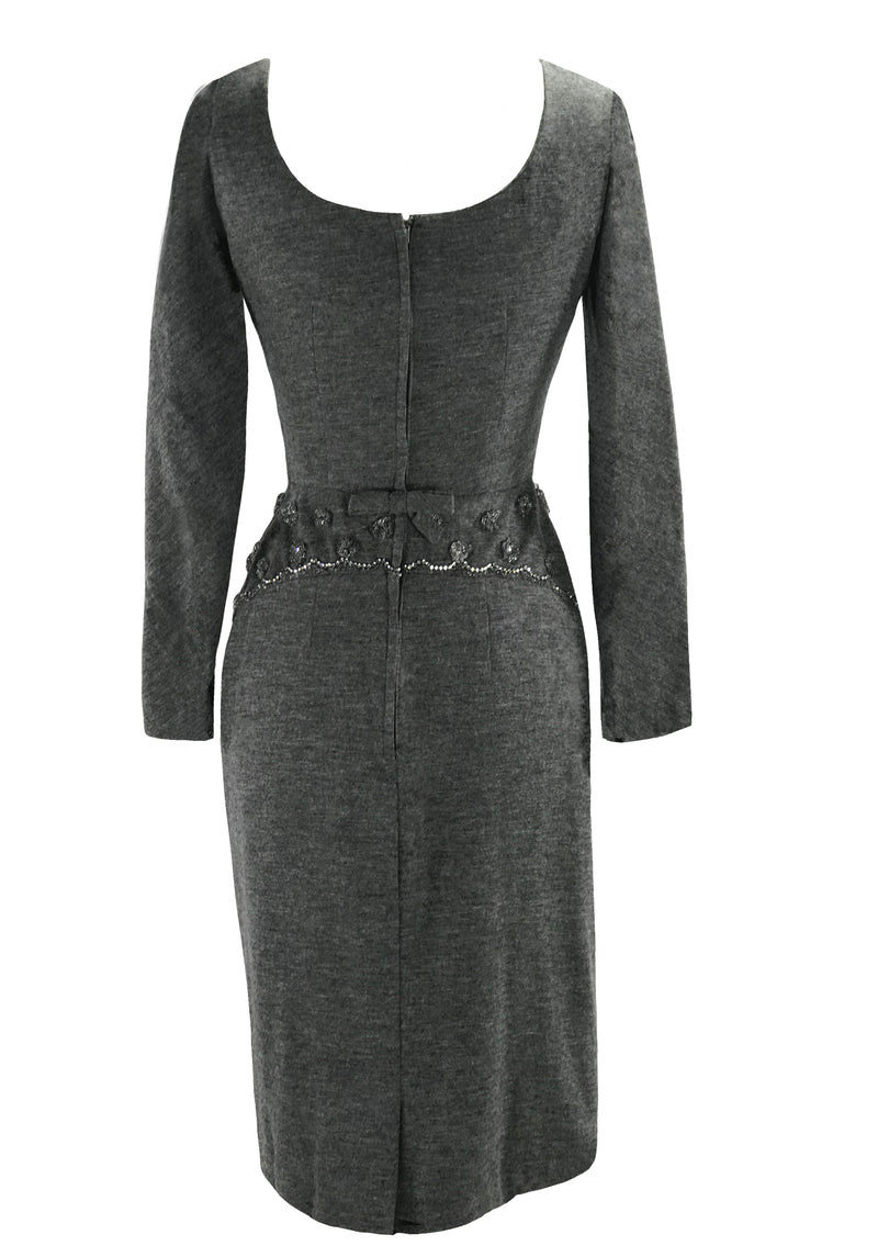 grey wiggle dress Early 1950s Charcoal Gray Wiggle Dress With Pockets and Bead Accents