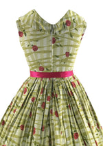 Glorious 1950s Green With Red Roses Cotton Dress- New!