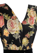 Striking Late 1950s Pink Cabbage Roses on Black Taffeta Dress- NEW!