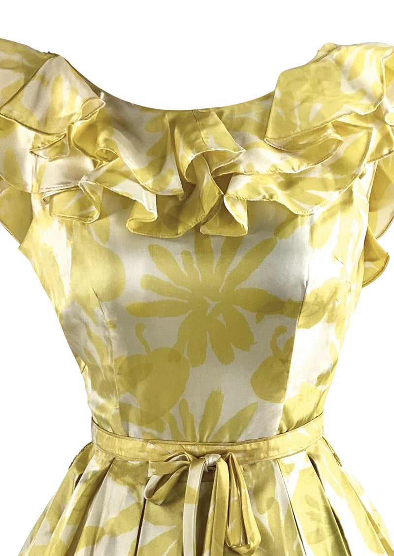 Vintage 1950s Gold and White Abstract Floral Dress - NEW!