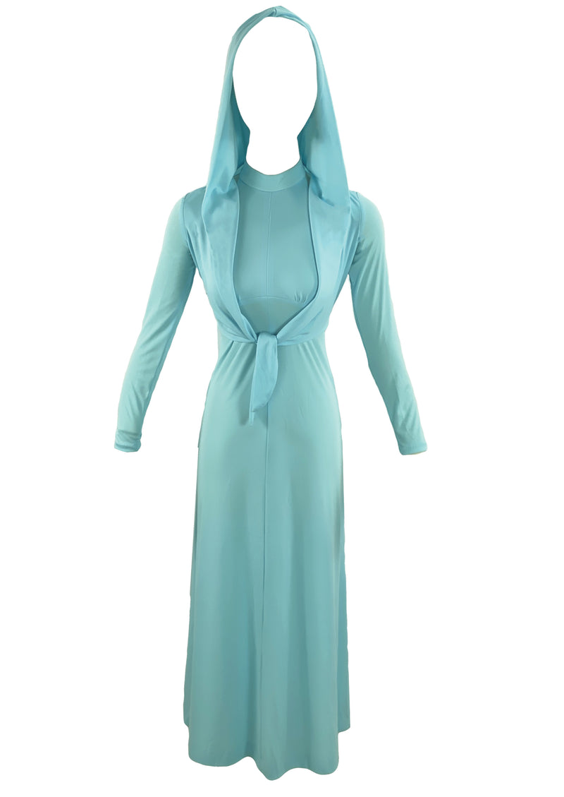 Vintage 1970s Blue Hooded Maxi Dress Ensemble - NEW!