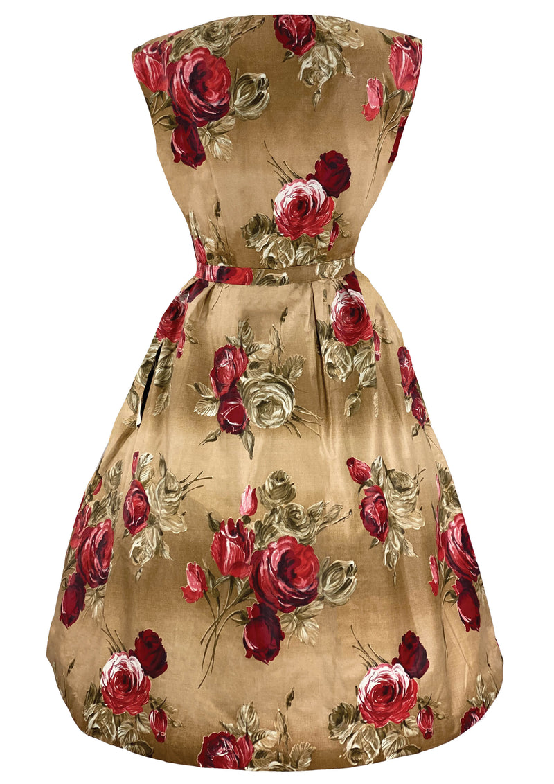 Deadstock Late 1950s Red Roses on Rose Gold Cotton- New!