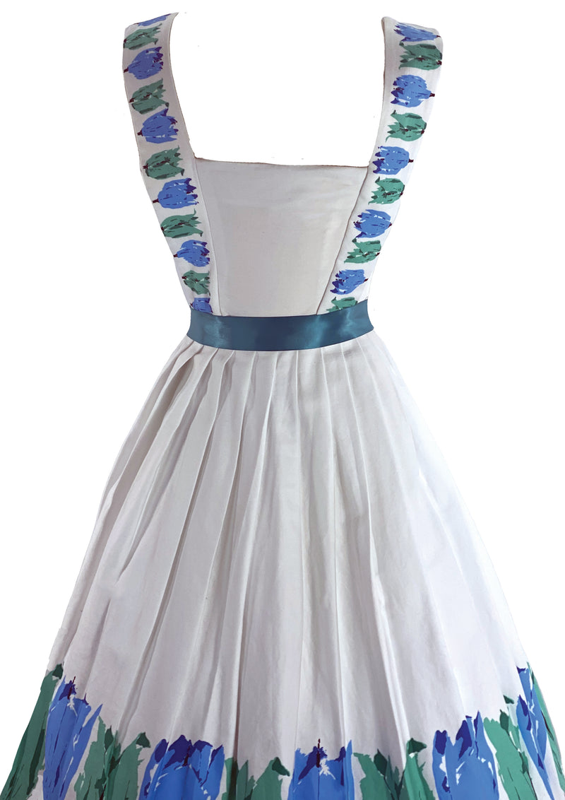 Late 1950s Early 1960s Blue and Green Tulips Designer Dress- New!