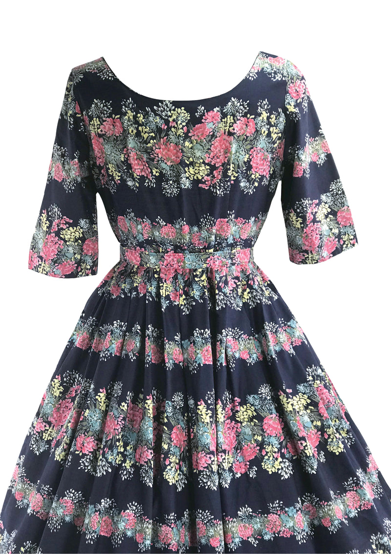 Vintage 1950s Floral Garland Navy Cotton Dress- New!