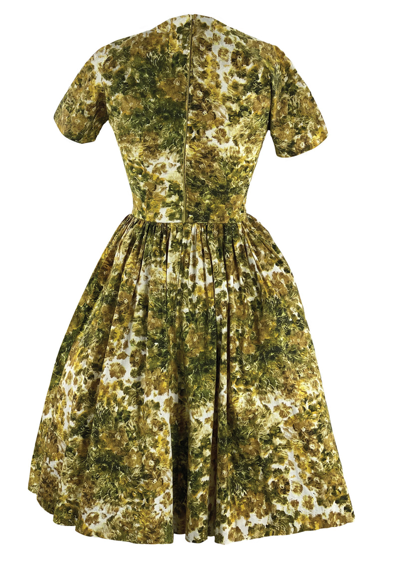 Late 1950s Early 1960s Green & Gold Floral Dress- New!