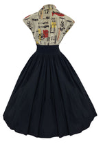 Stunning 1950s Black Primitive Art Print Cotton Dress - NEW!