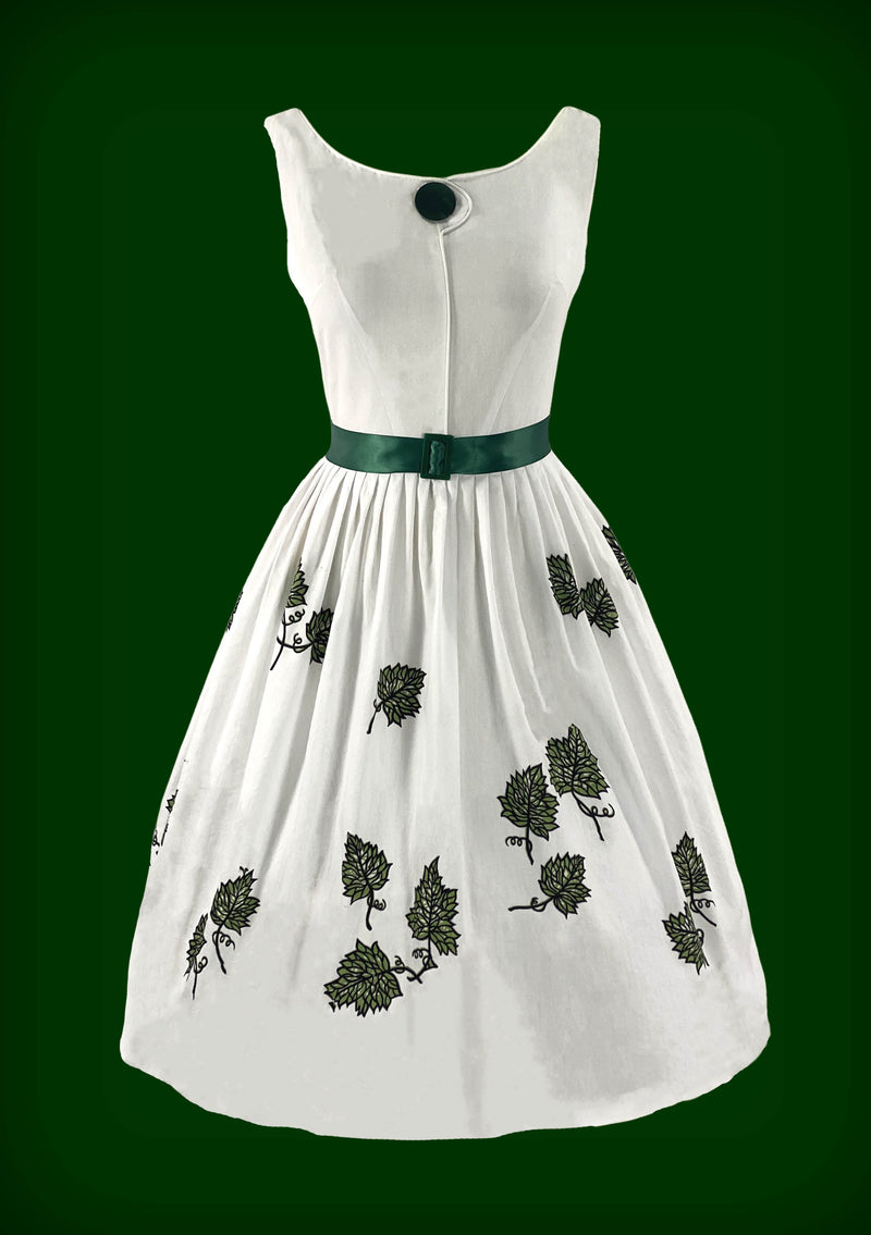 Late 1950s Early 1960s White Cotton Ivy Print Dress- New!