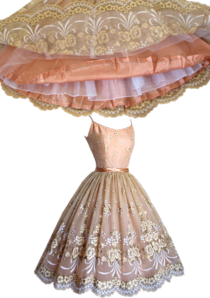 1950's Peach Painted Floral Chiffon Party Dress- New !