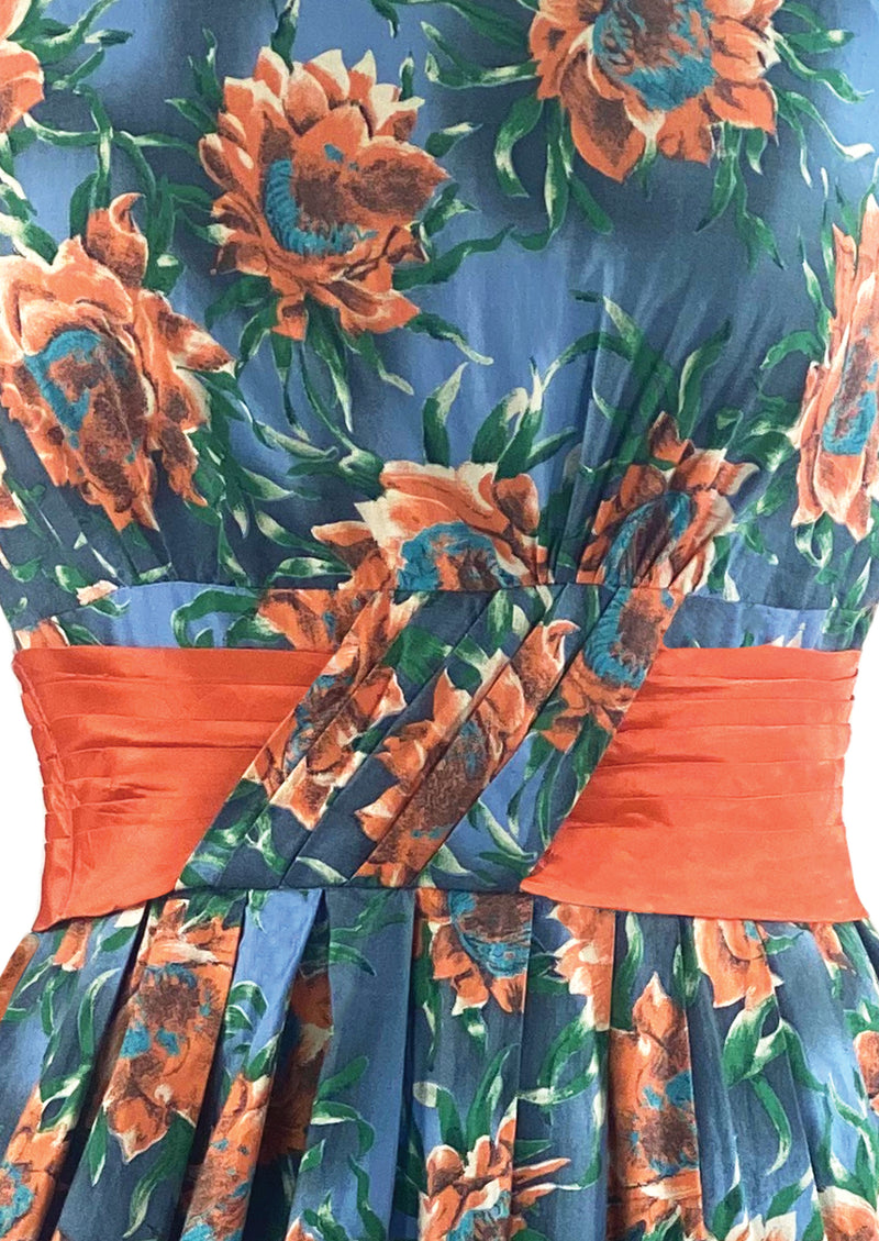 Vintage Late 1950s Blue and Tangerine Floral Cotton Dress - NEW!