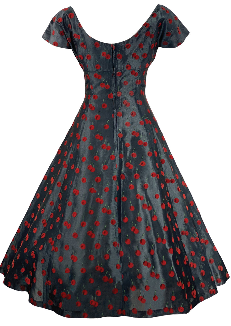 Stunning 1950s British Designer Flocked Cherries Dress- New!