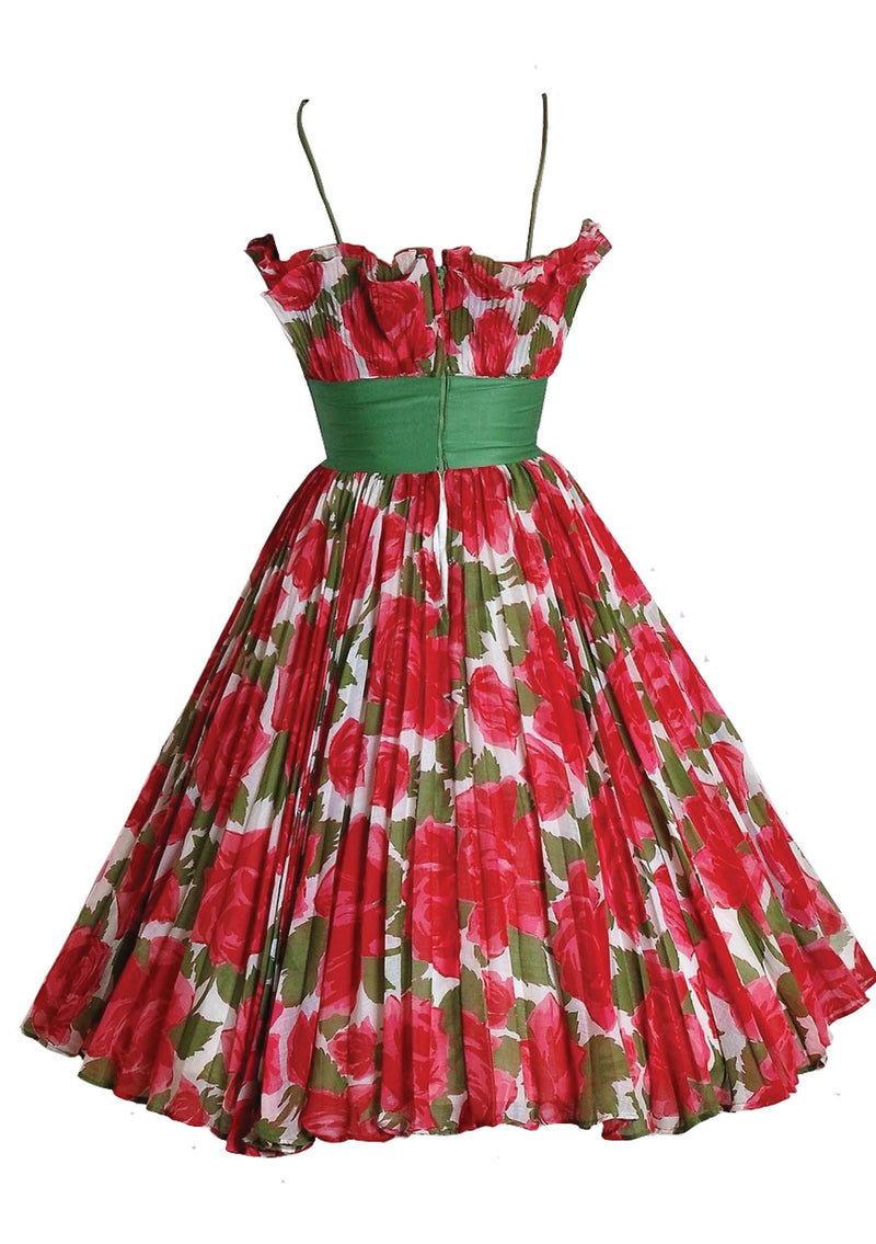 Early 1960's Red & White Roses Print Cotton Party Dress - New!
