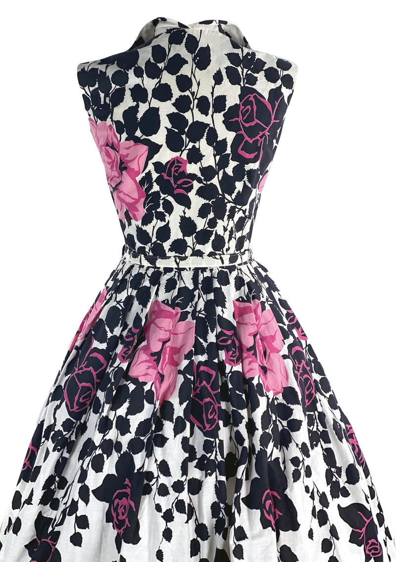 1950s Pink and Black Roses Border Print Cotton Dress- New!