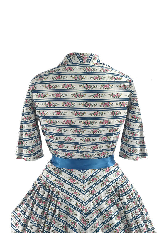 Vintage 1950s Pink Floral Cotton with Blue Stripes- New!
