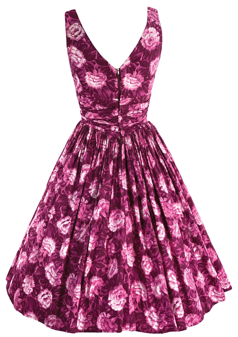 1950s Magenta Carnations Print Cotton Dress -  New!