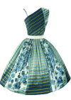 Late 1950s Blue and Green Stripes and Bouquets Cotton Dress - New!