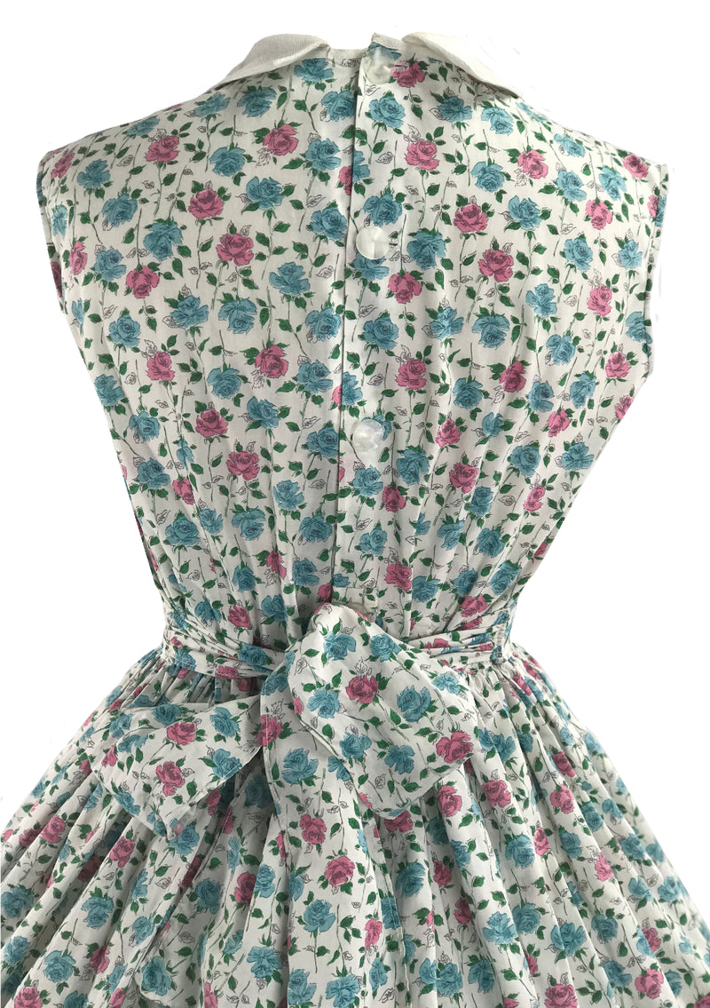 Vintage 1950s Pink and Blue Roses Floral Cotton Dress - New! (ON HOLD)