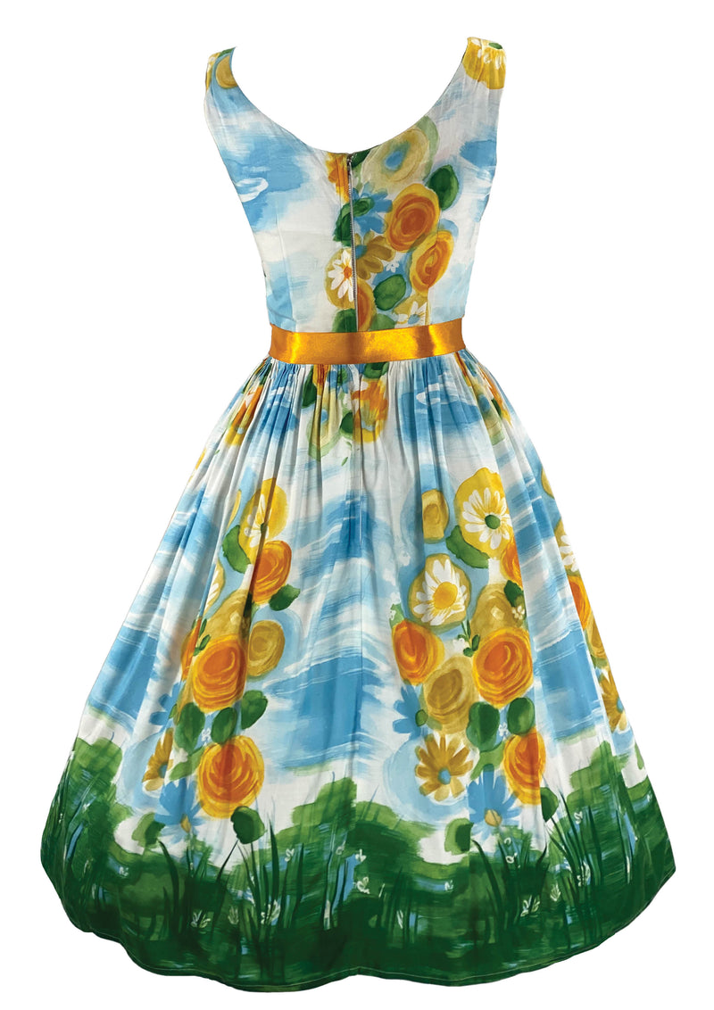 Vintage 1950s Scenic Floral Cotton Dress- New!