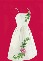 Early 1960s White Piqué With Pink 3D Rose Appliqués Dress- New!