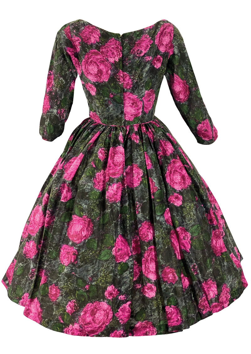 Late 1950s Early 1960s Magenta Roses Silk Dress - New!