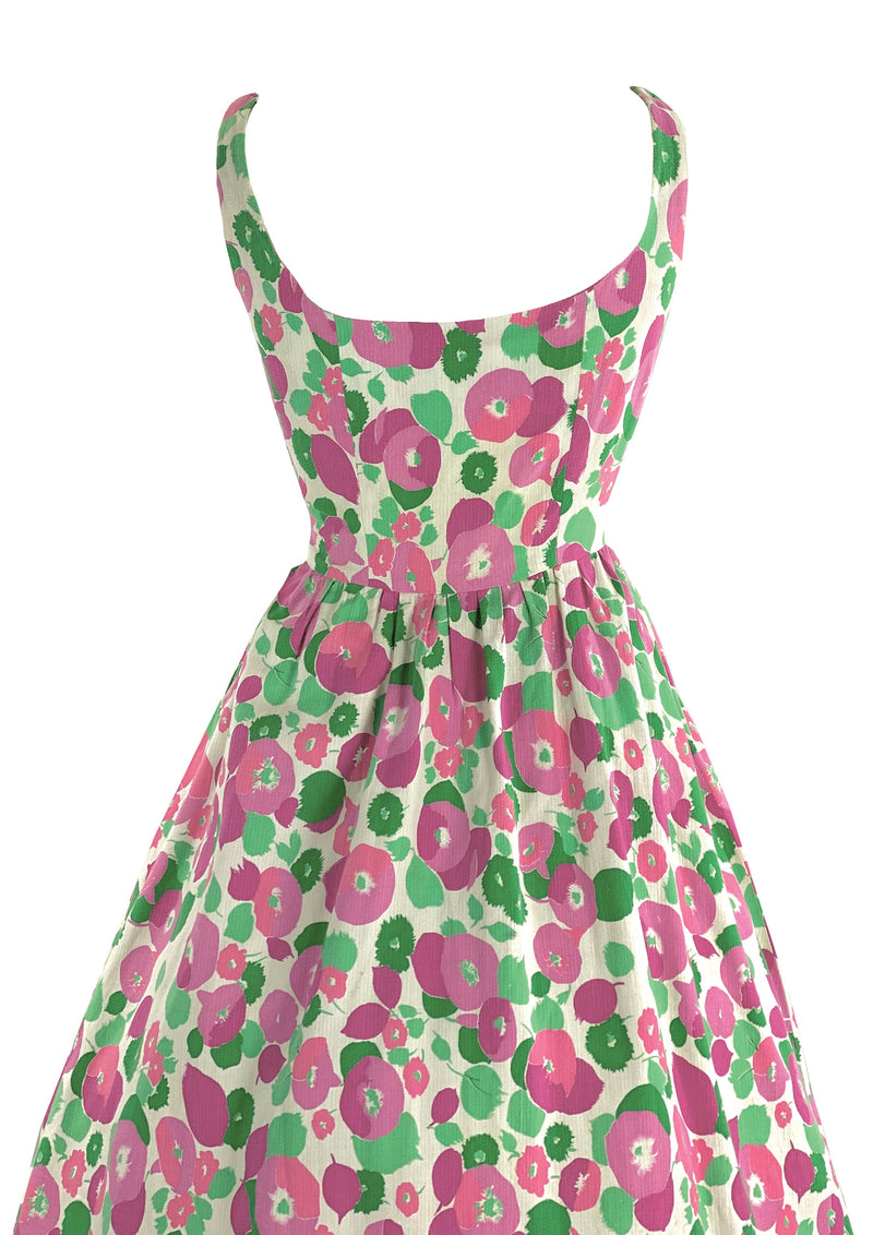 Late 1950s Early 1960s Pink and Jade Floral Cotton Sundress- New!