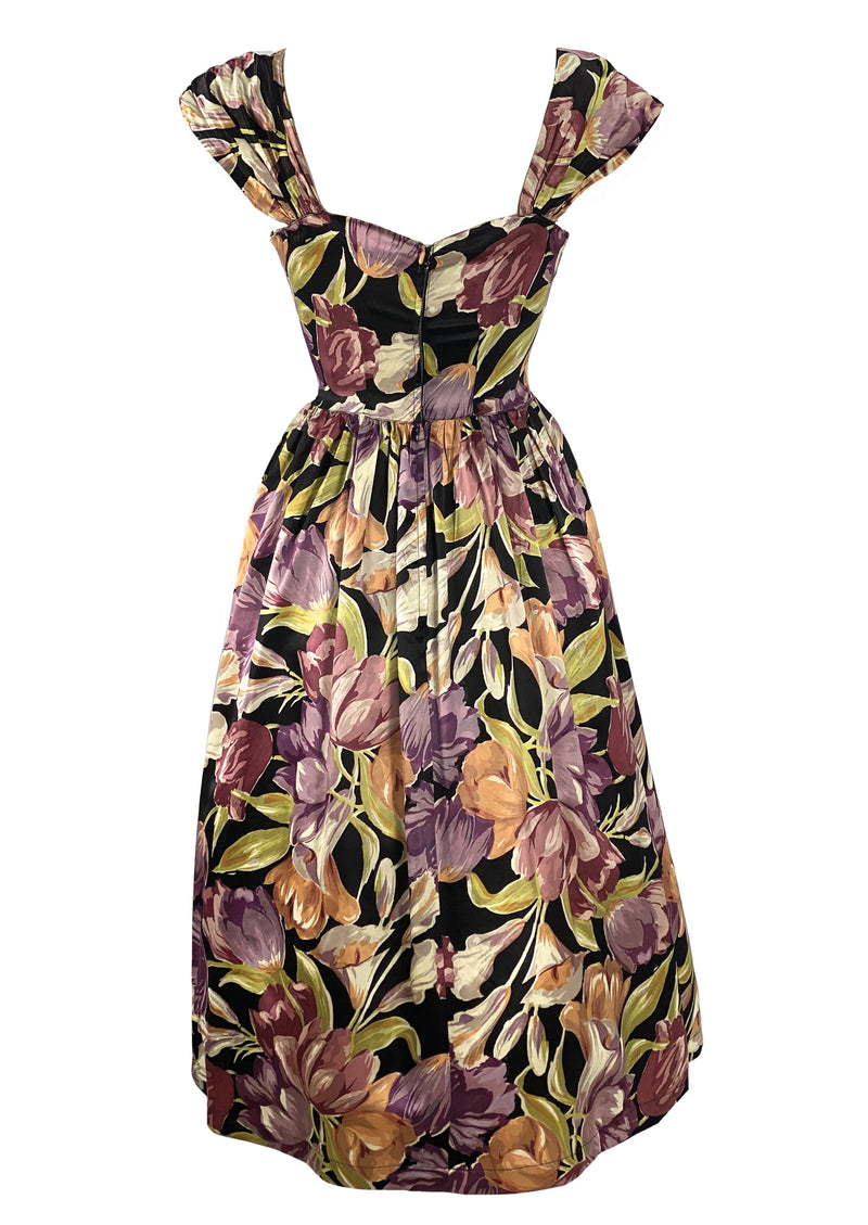 Stunning 1940s Vivid Orchid & Tulips Novelty Print Dress- New!