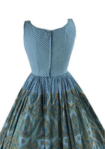 Stunning 1950s Blue Geometric Paisley Border Print Dress- New!