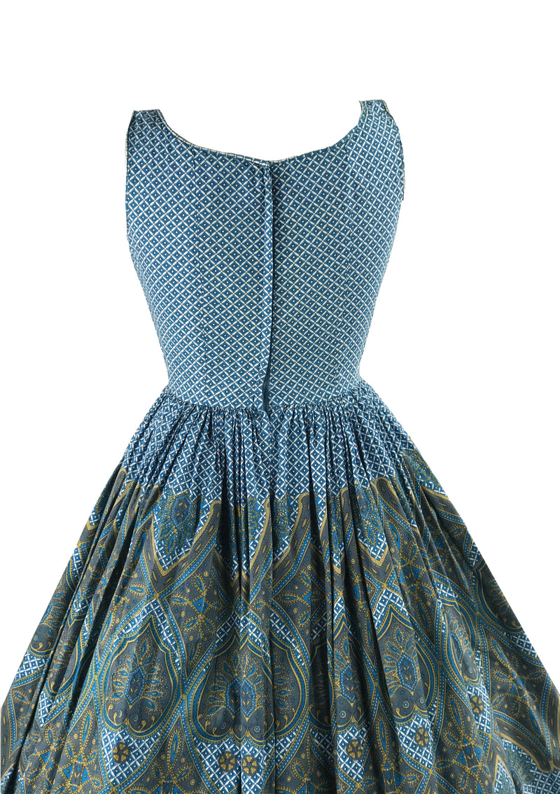 Stunning 1950s Blue Geometric Paisley Border Print Dress- New!