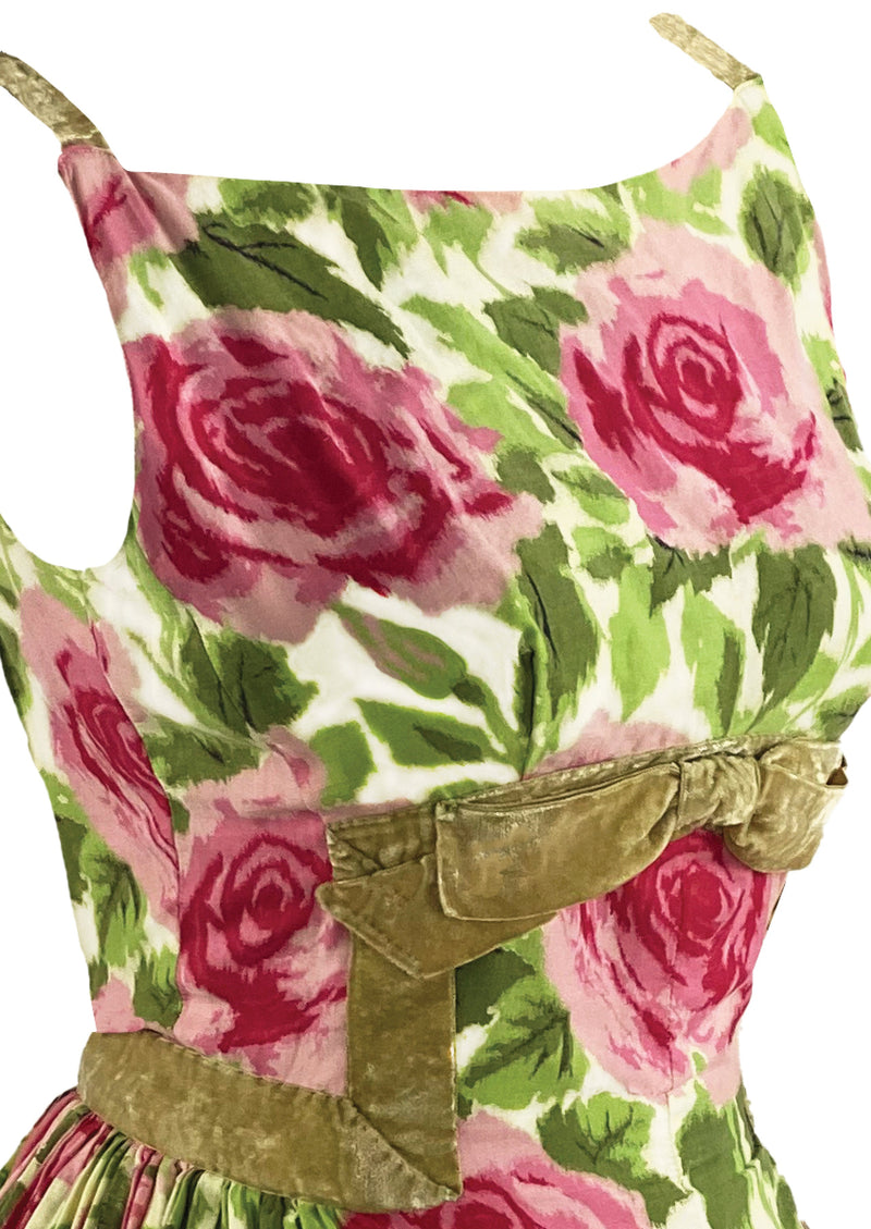 Vintage 1950s Full Blown Pink Roses Print Cotton Dress - NEW!