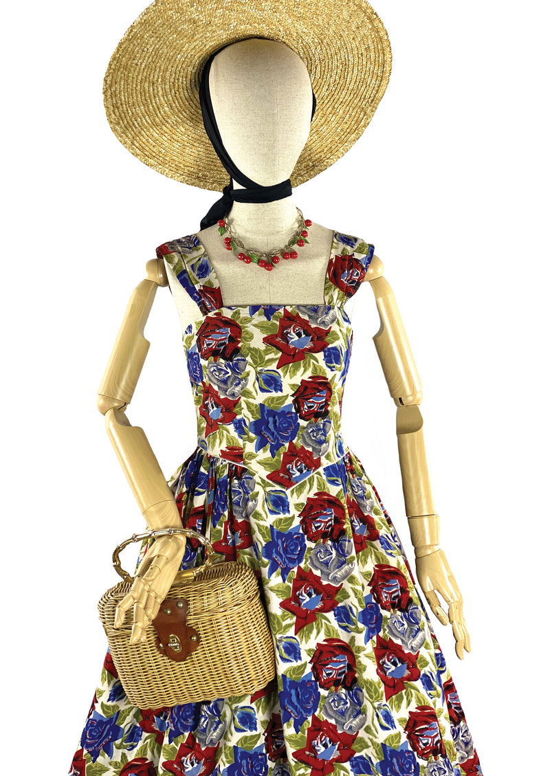 Vintage 1940s Red & Blue Rayon Sundress- New!