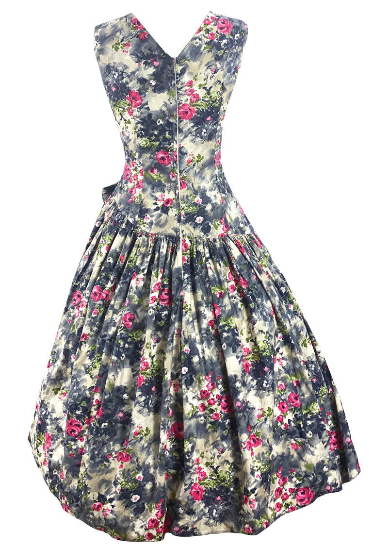 Late 1950s Early 1960s Grey Floral Blossom Cotton Dress - New!