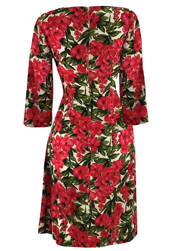 Early 1960s Quality Red Floral Silk Dress- New!