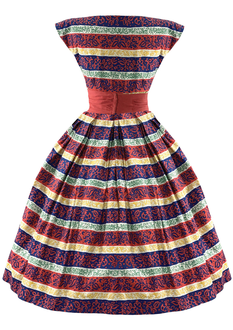Late 1950s Colourful Striped Cotton with Scrollwork Dress- New!