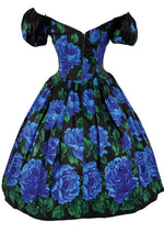 Quality 1950s Blue Roses Border Print Party Dress- New!