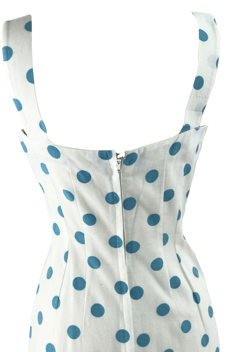 Late 1950s Early 1960s White Pique & Blue Polka Dots Dress Ensemble Late 1950s Early 1960s White Pique & Blue Polka Dots Dress Ensemble