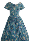 1950s Novelty Print Teal Blue Cotton Dress- New!