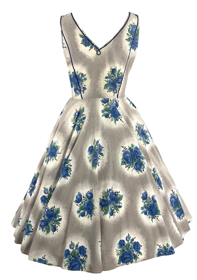 Vintage 1950s Blue Cameo Roses Cotton Dress- New!