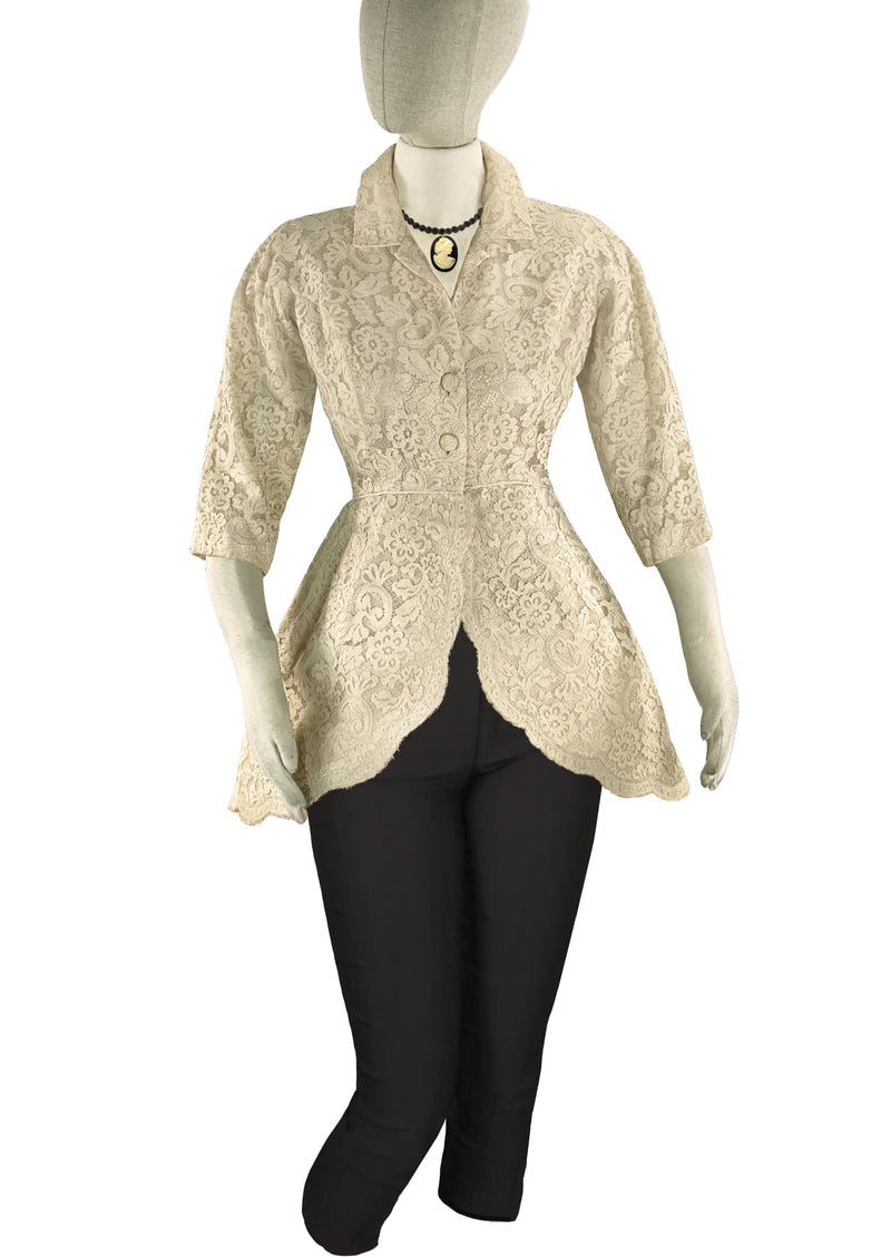 Stunning Vintage 1950s Cream Lace Peplum Jacket - NEW!