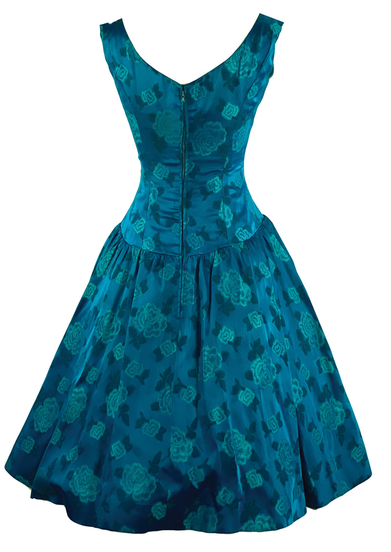 1950s Designer Frank Usher Teal Floral Brocade Cocktail Dress- New!