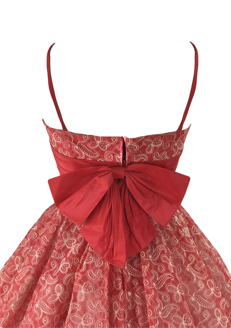 Vintage 1950s Red & White Flocked Party Dress - New!