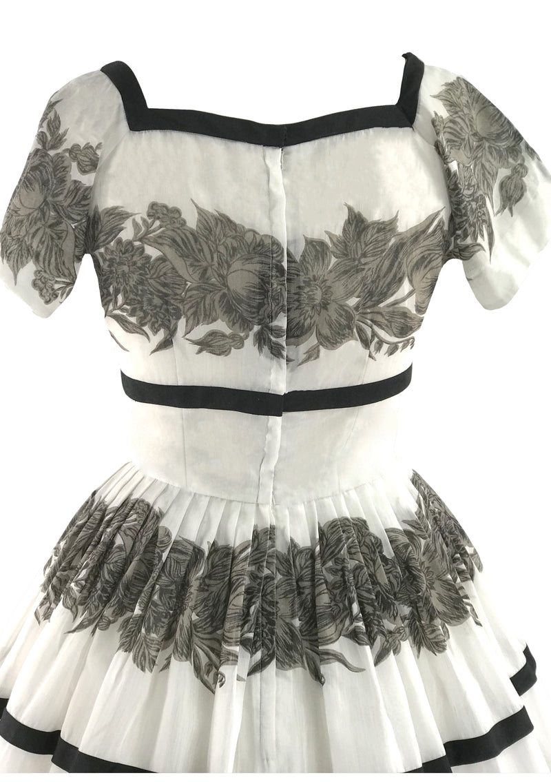 Vintage 1950s Black & White Rose Floral Border Print Dress- New!