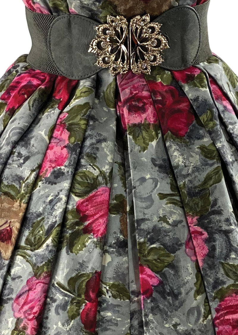 Late 1950s Vibrant Pink and Gold Roses Print Silk Dress - NEW!