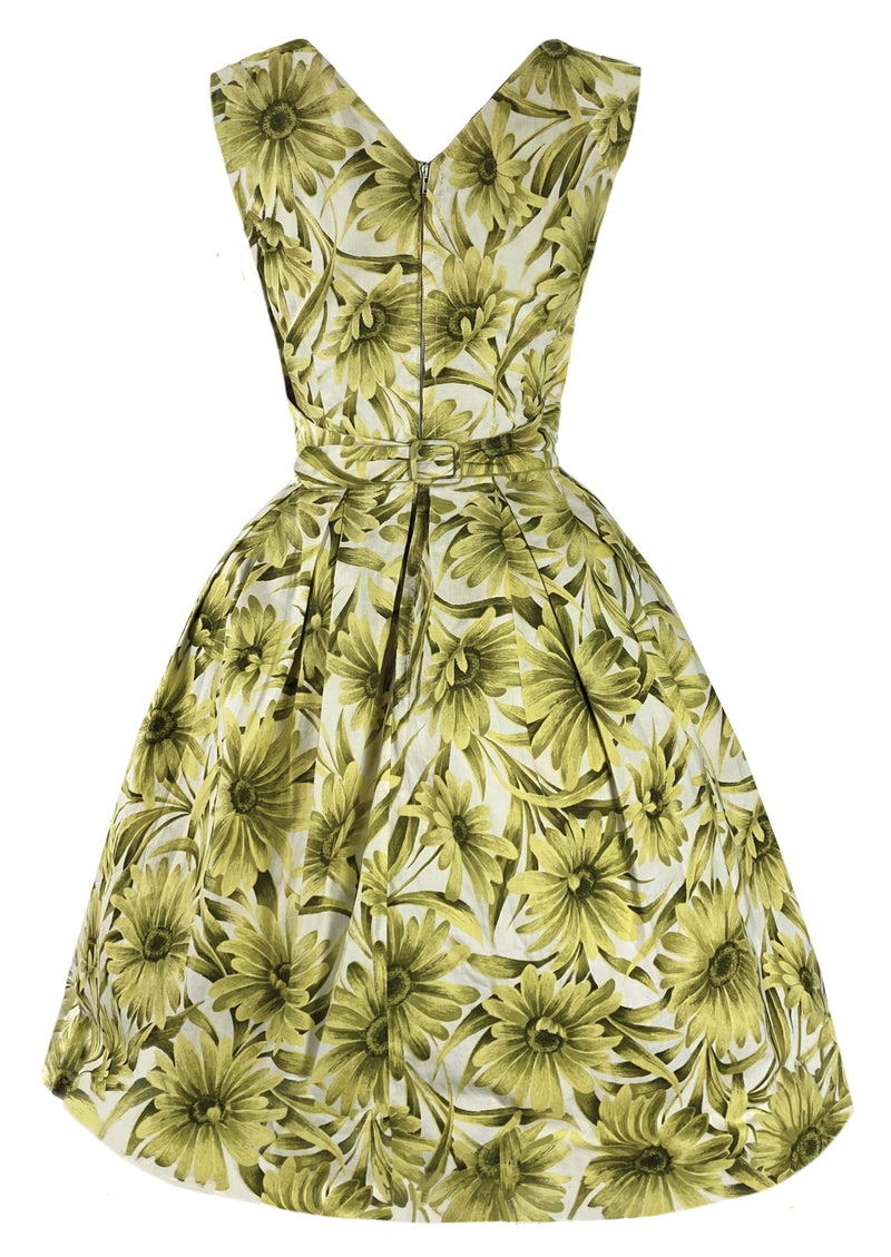 Lovely 1950s Early 1960s Yellow Daisy Print Cotton Dress - New!
