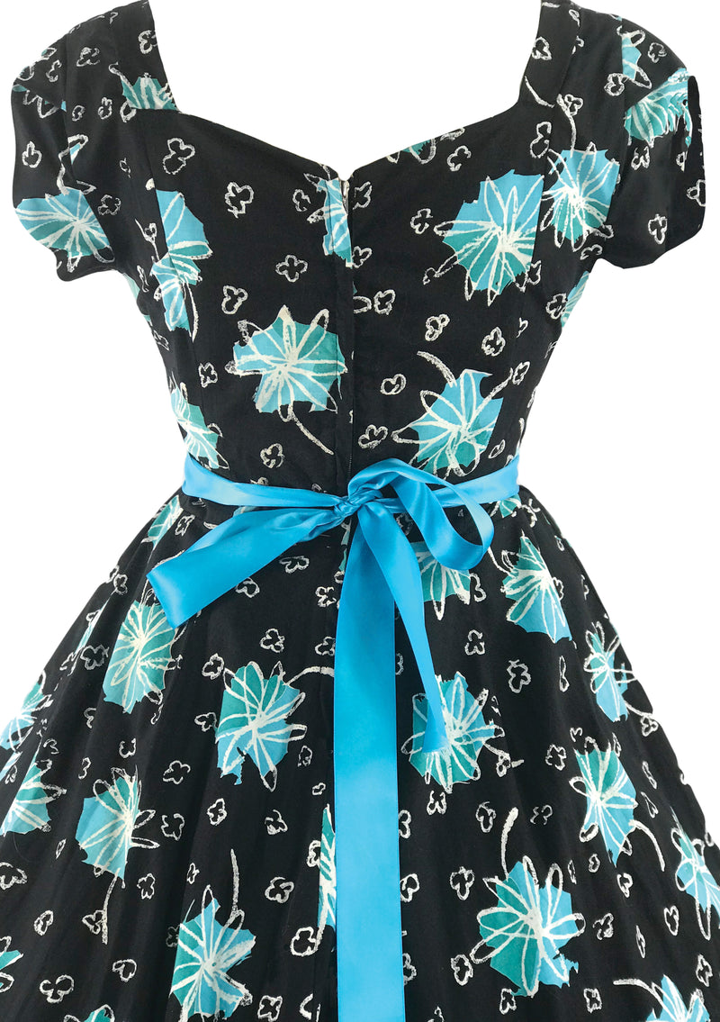 1950s Black Cotton Dress with Blue Atomic Print - New!